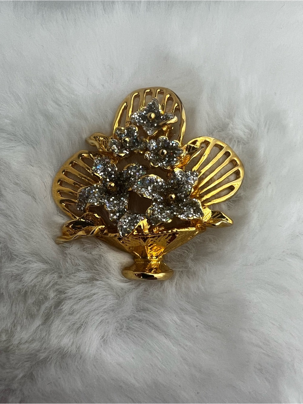 VTG Flower Basket Costume Brooch Pin | Iridescent Micro AB Finish